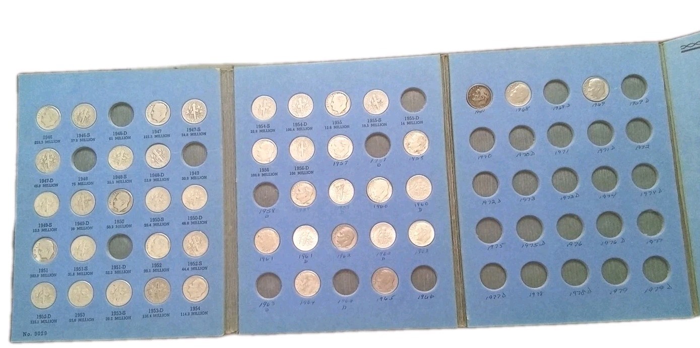 Roosevelt Dime Book 1946 To 1969 Whitman 9029, 43 Coins FREE SHIPPING
