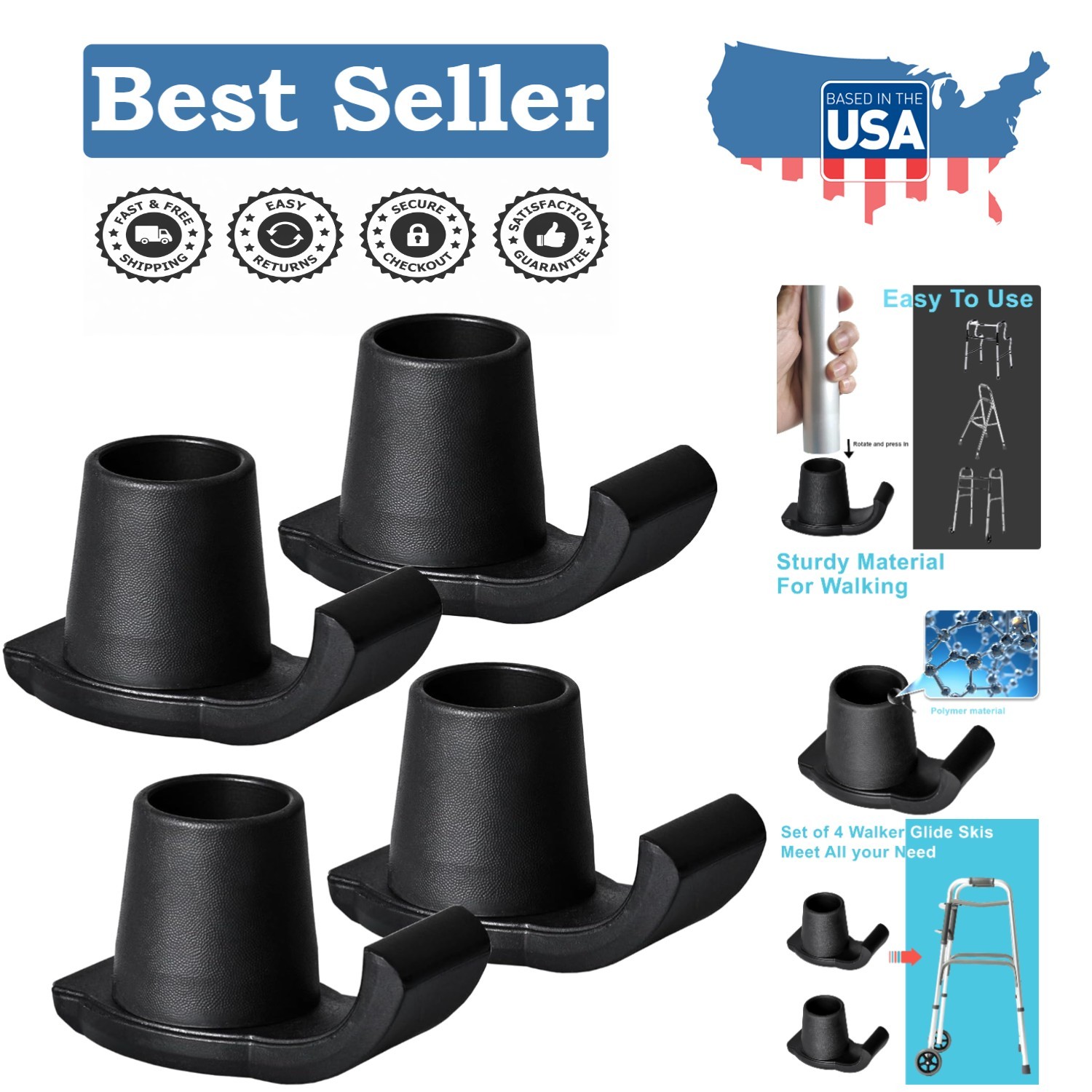4 Pack Walker Ski Glides - Effortless Movement on All Flooring Types for Seniors
