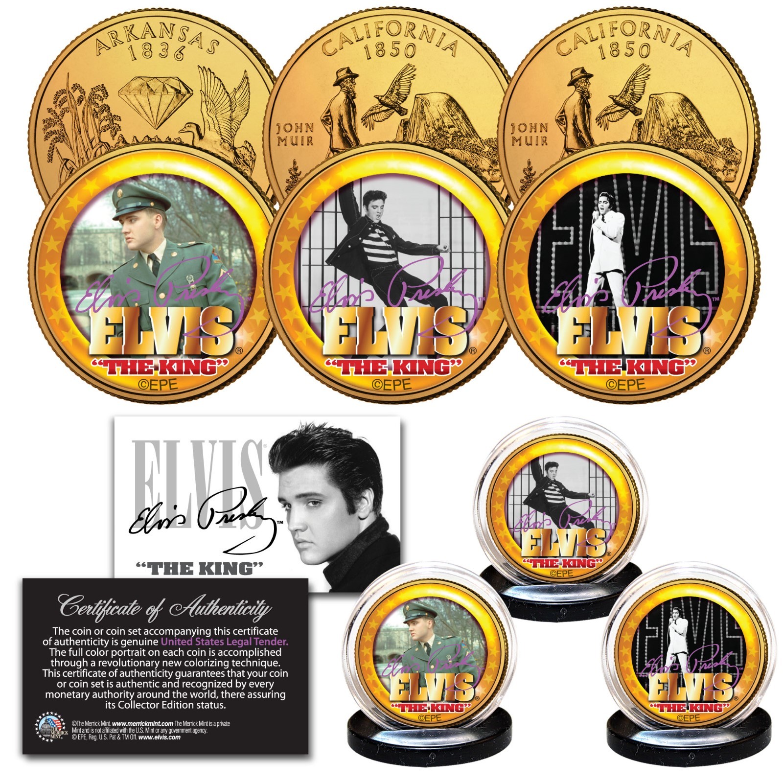 ELVIS PRESLEY Life & Times 24K Gold Plated State US Quarter 3-Coin OFFICIAL Set