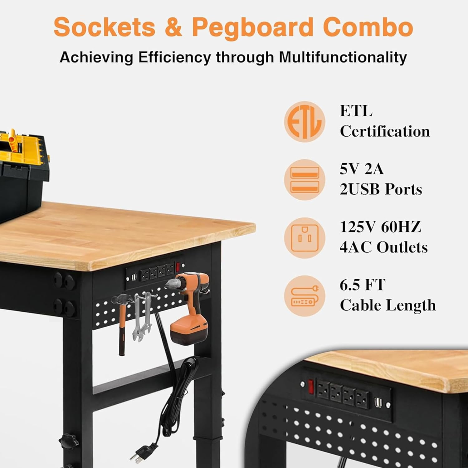 Betterhood 96" Adjustable Workbench, 5000 LBS Heavy Duty Work Table with Power O