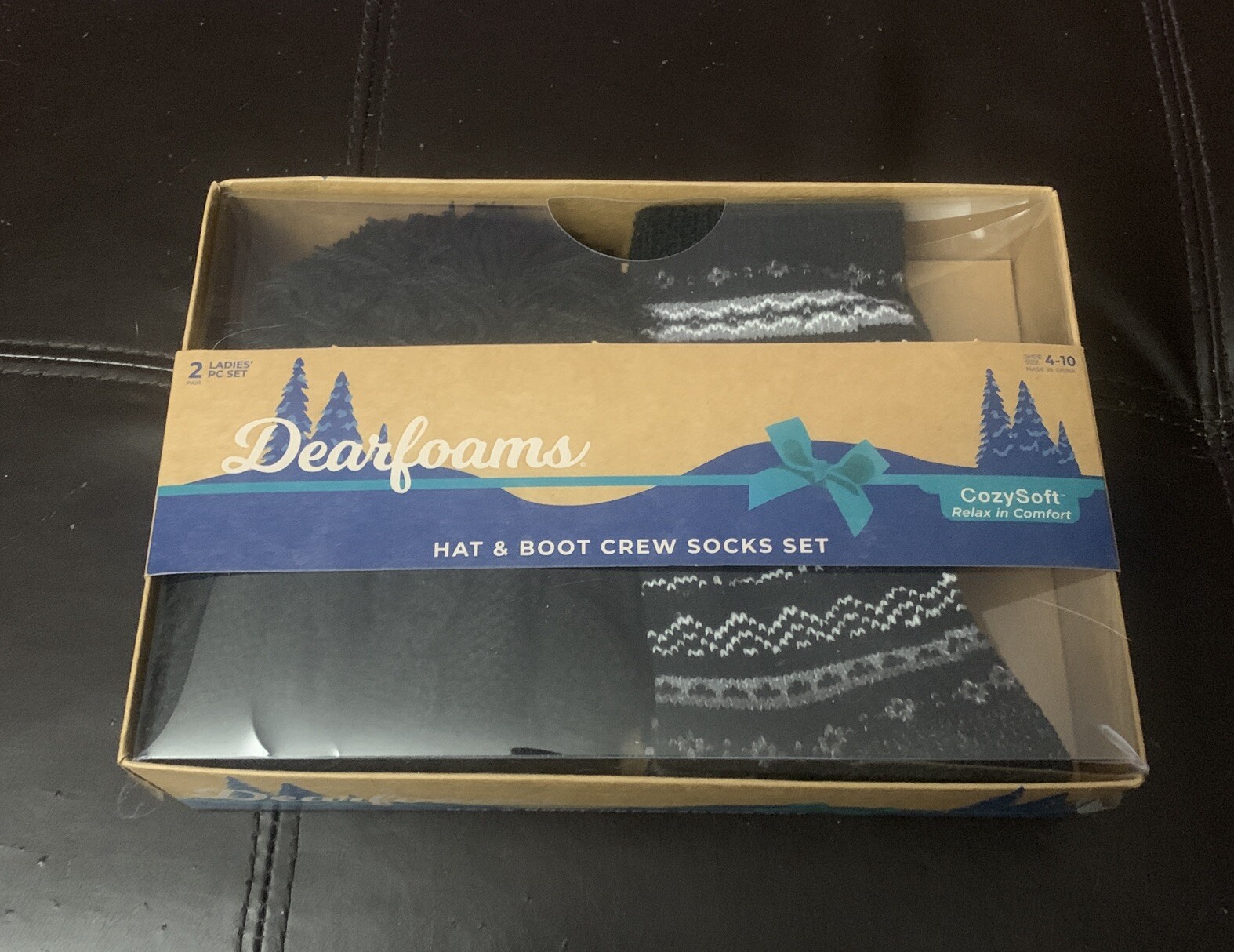 NWT Dearfoams Beanie Hat & Boot Crew OSFA Socks 4-10 Black Knit Box Set OST
