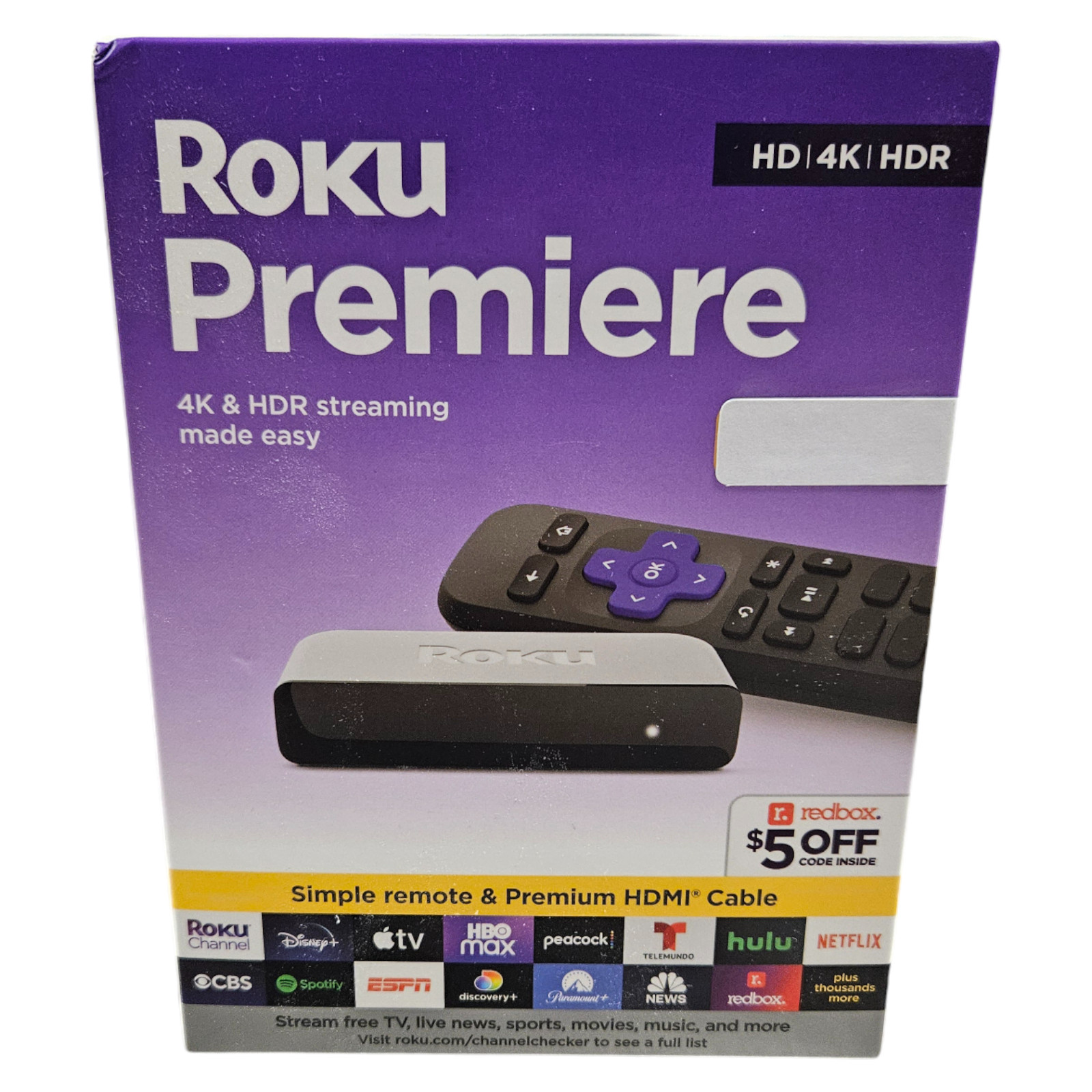 New Roku Premiere 4K/HDR Streaming Media Player with HDMI Cable & Remote