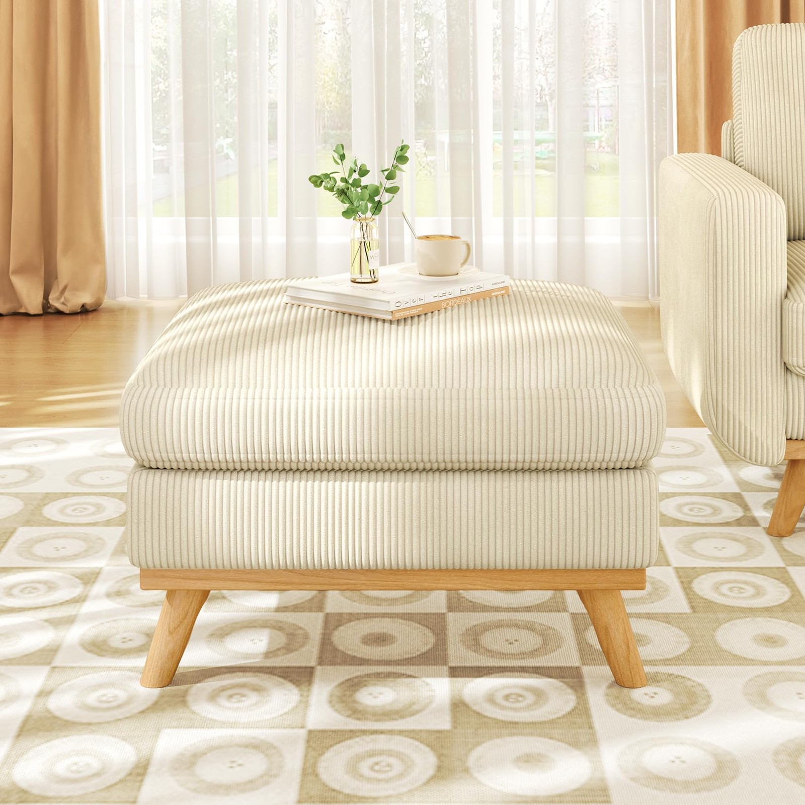 29.5" Corduroy Pouf Ottoman Spring Cushion Rectangular Footrest Wood Legs Beige