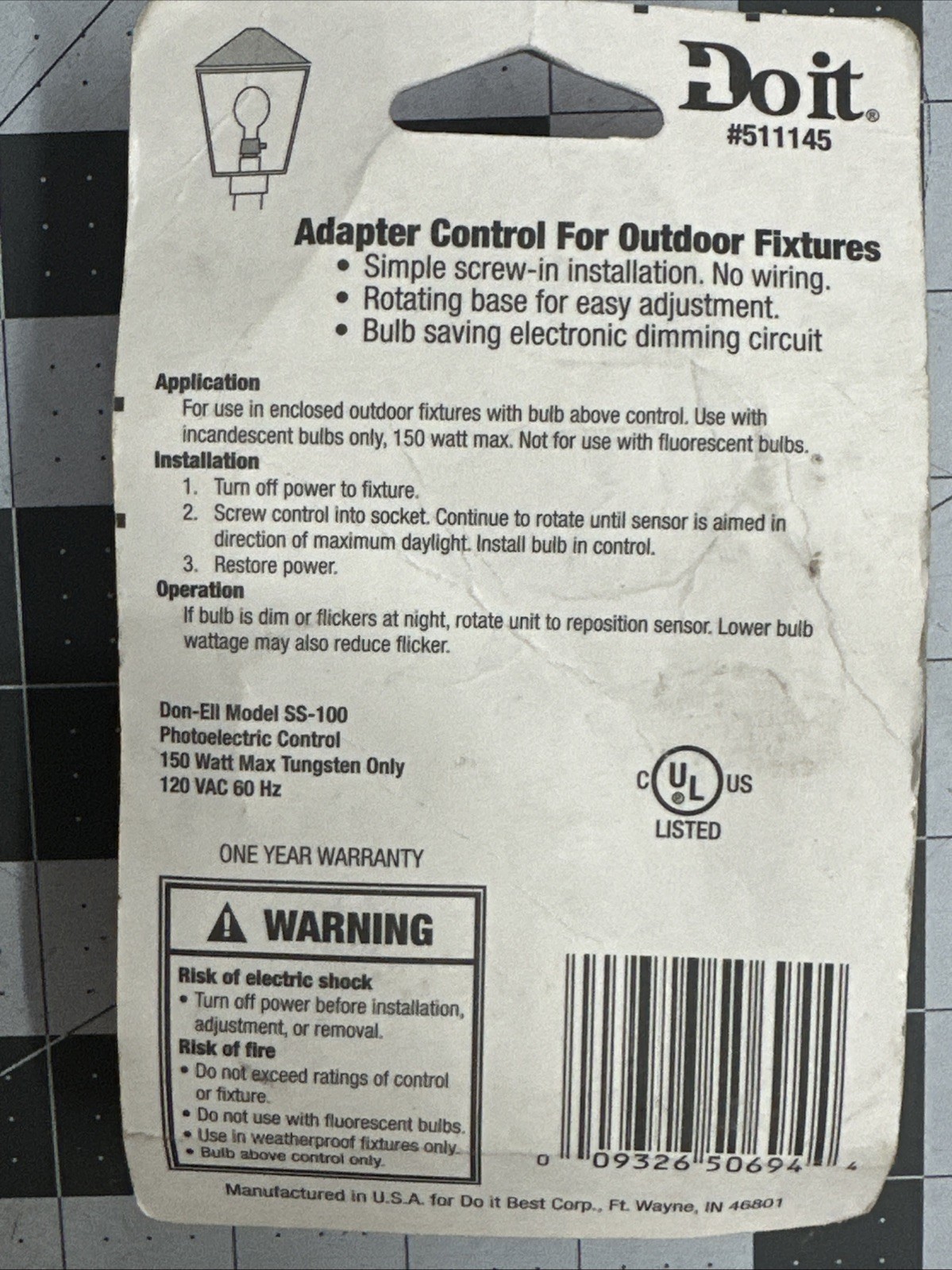 NOS Do it Screw-In Black Photocell Dusk-to-Dawn Sensor Socket 511145 SIM Supply