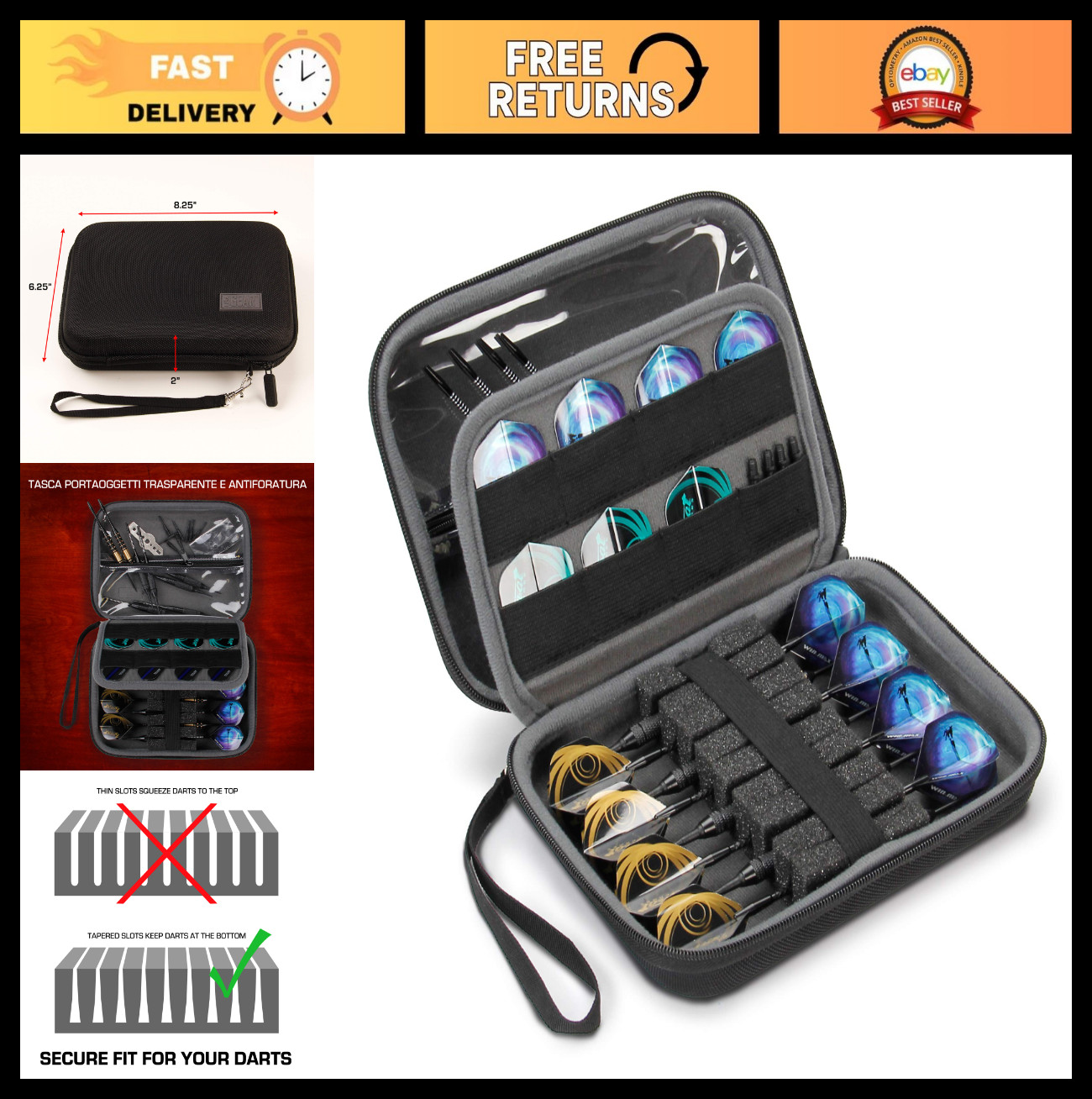 Hard Shell Dart Case - Protective Storage for 8 Darts, Tips, Flights & Accessori
