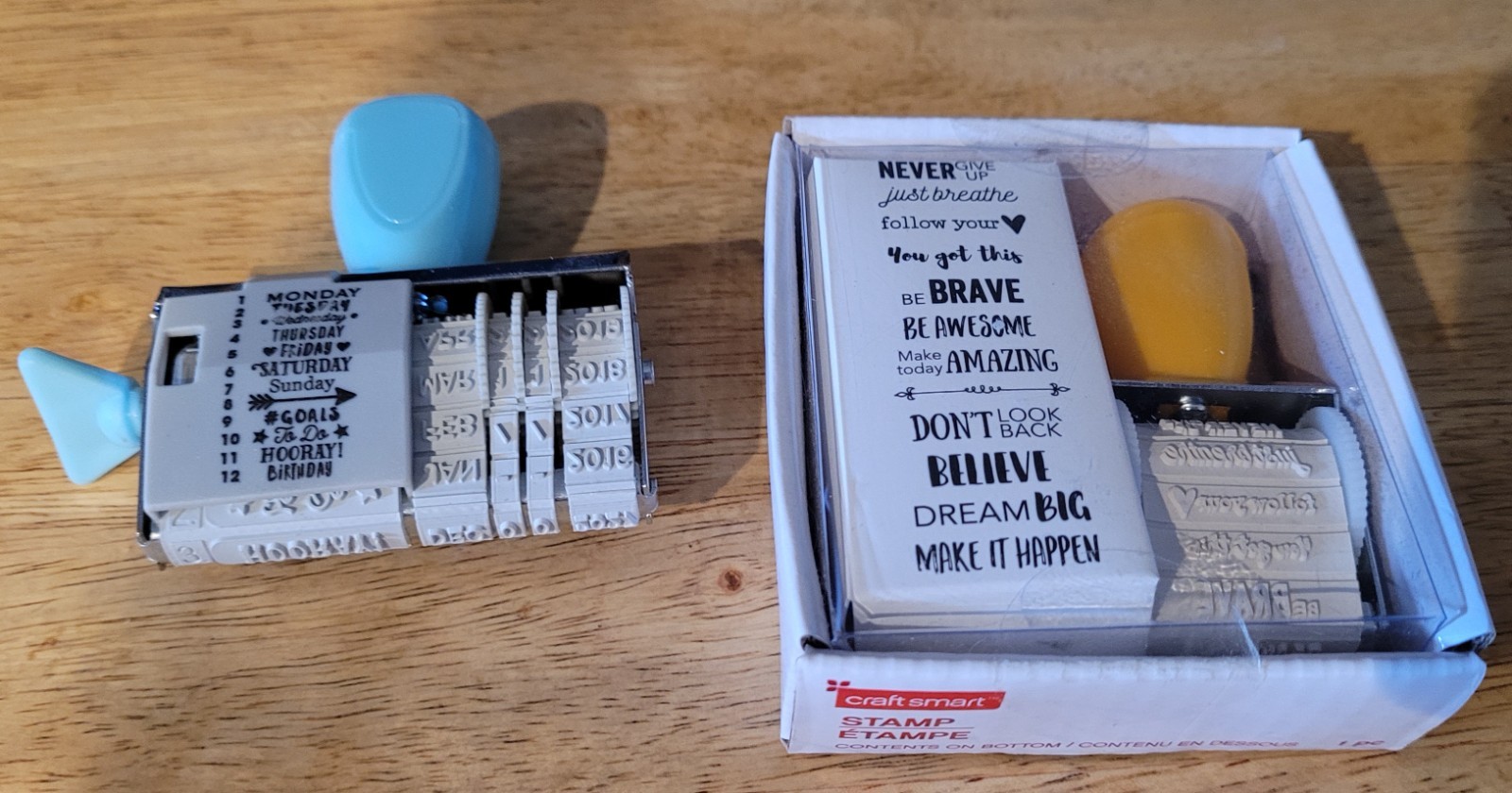Lot of 2 Rubber Office / Craft Stamps New Condition Dates and Sayings