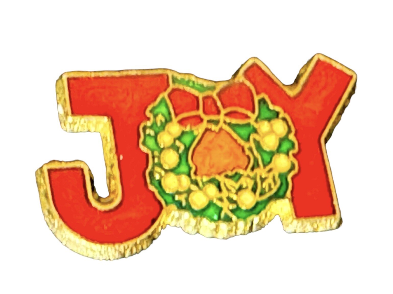 Christmas Lapel Pin Joy With Wreath Metal W/Glass Enamel