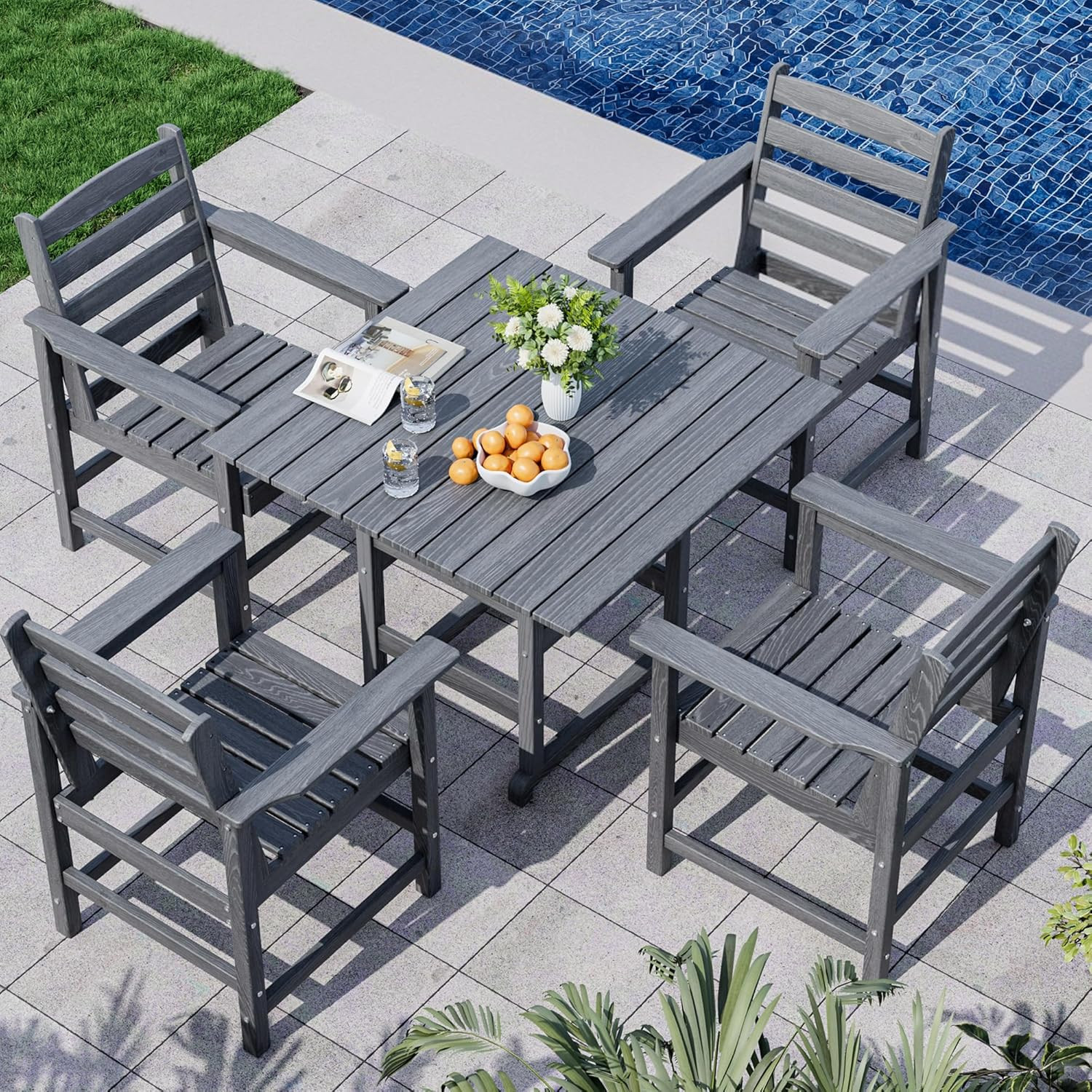 Dining Table Set, 5-Piece HDPE Outdoor Dining Set for 4, Gray | 1 Square Tables