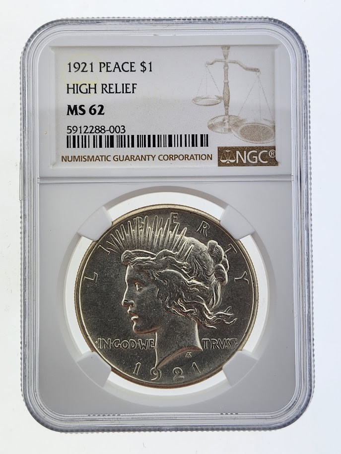 1921 Silver Peace Dollar, NGC MS62 High Relief, Keydate