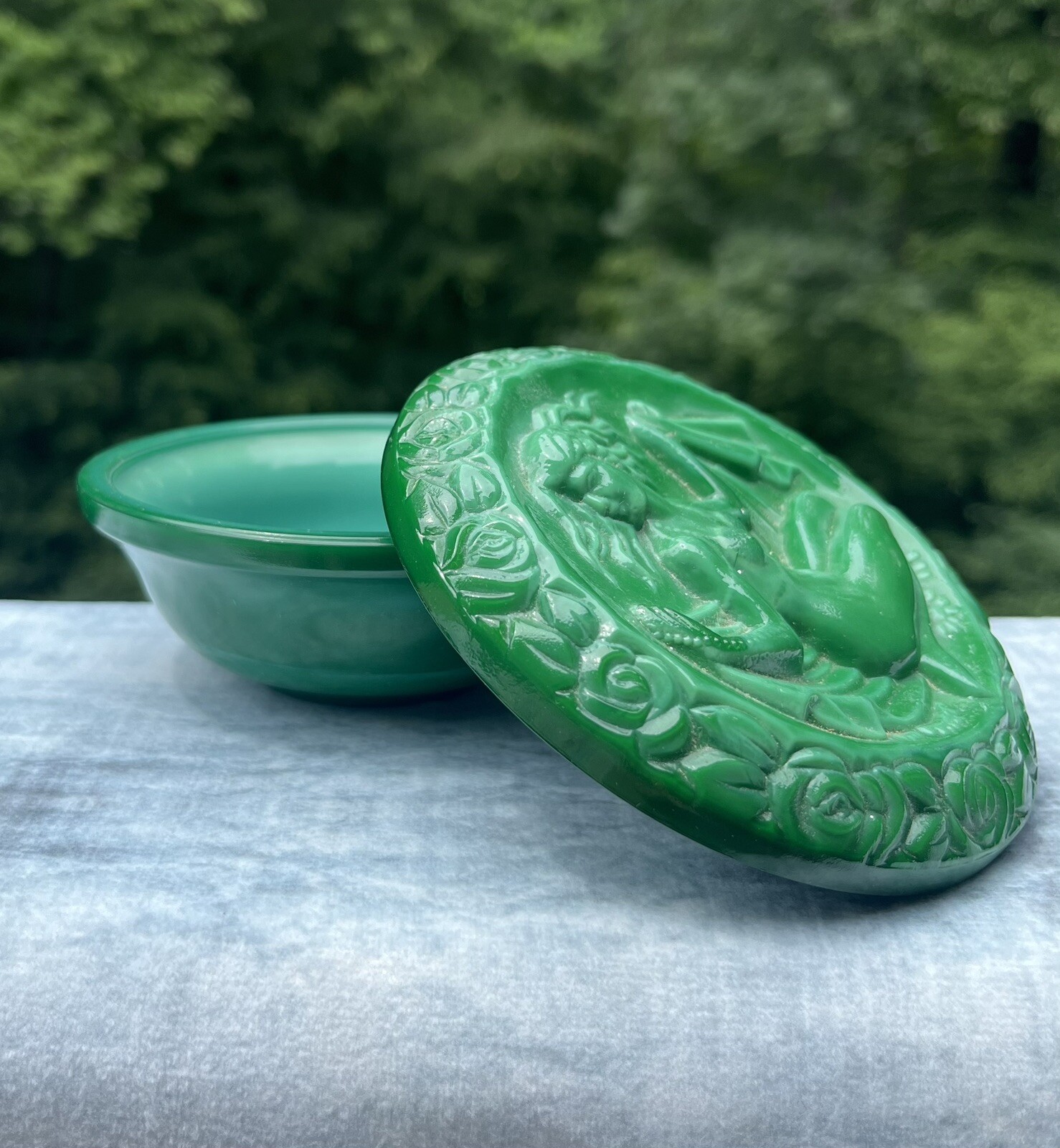 Bohemia Jade Malachite Trinket Jewelry Box Vintage Nude Goddess With Lid