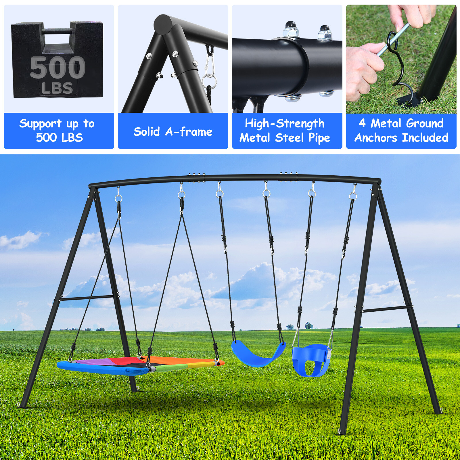 440lbs 3 Seats Heavy Duty Metal Frame Swing Set Toddler Swing Kids Backyard Play