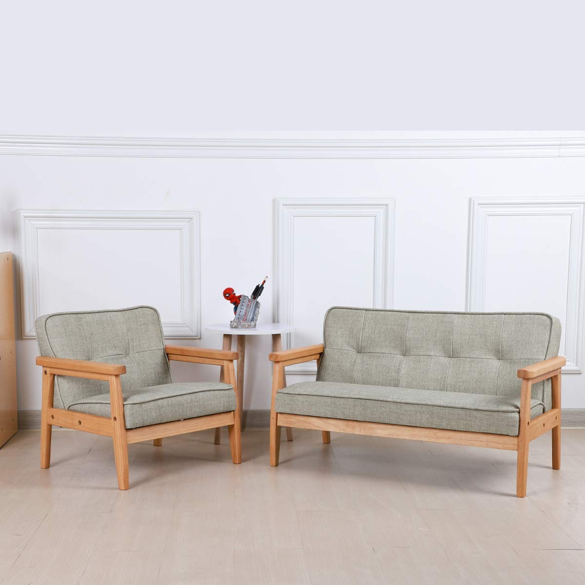 Double Seater Kid Sofa Chair, Kid Couch with Solid Wood Arm and Linen Pattern...