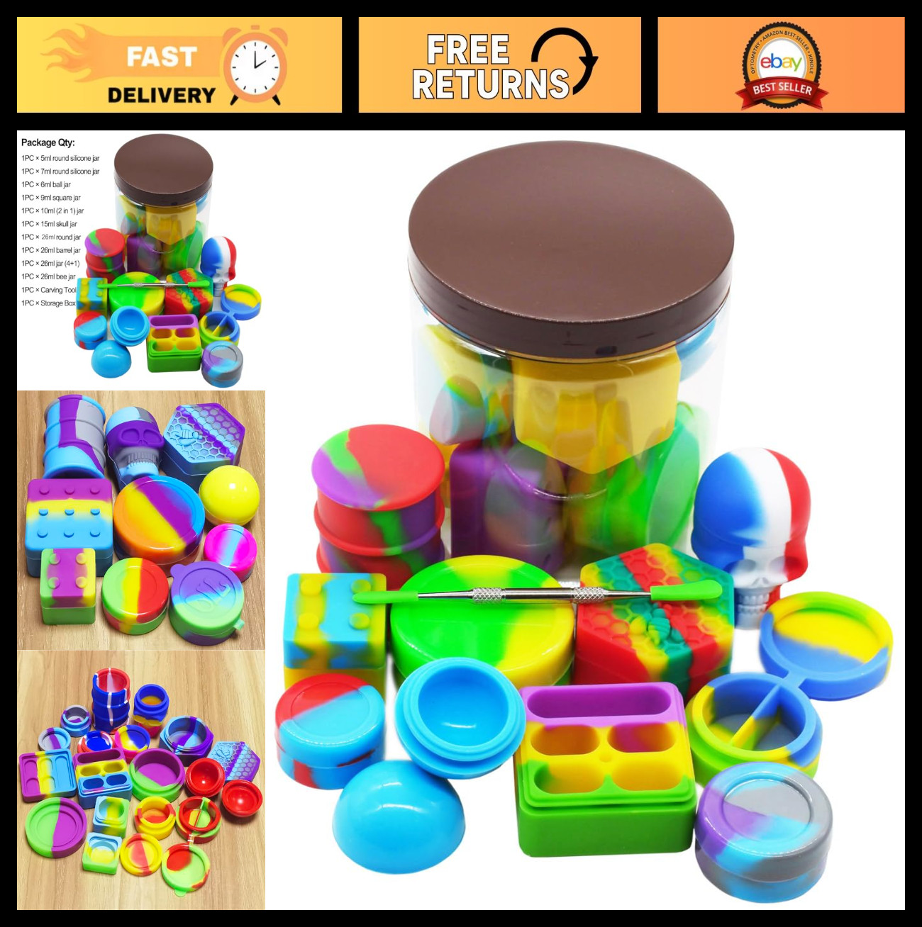 Multi-Compartment Silicone Wax Containers Set of 11 - Hexagon Skull Barrel Jars