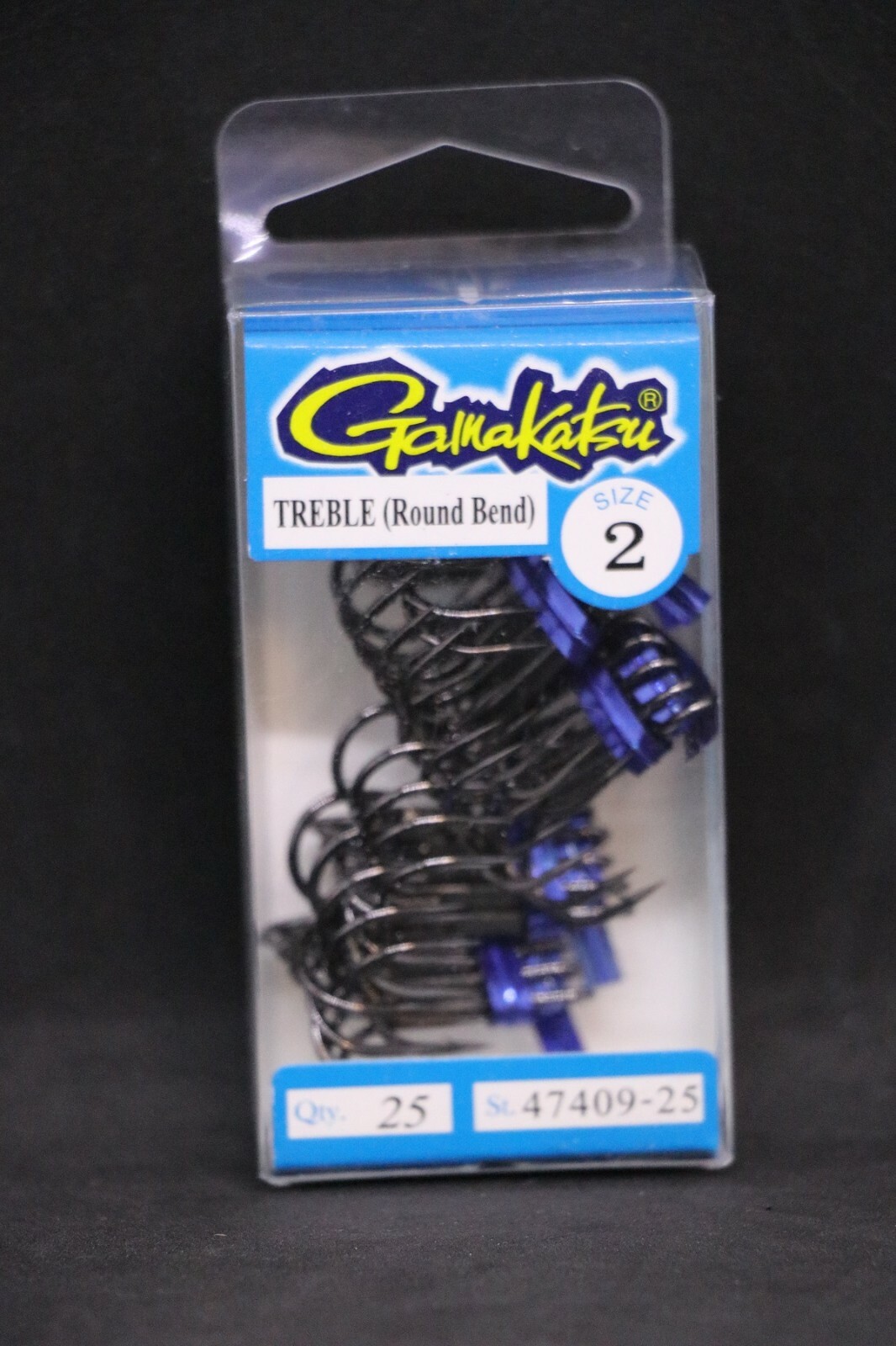 25 Pack Gamakatsu 47409-25 Round Bend NS Black Treble Hooks - Size 2 Super Sharp