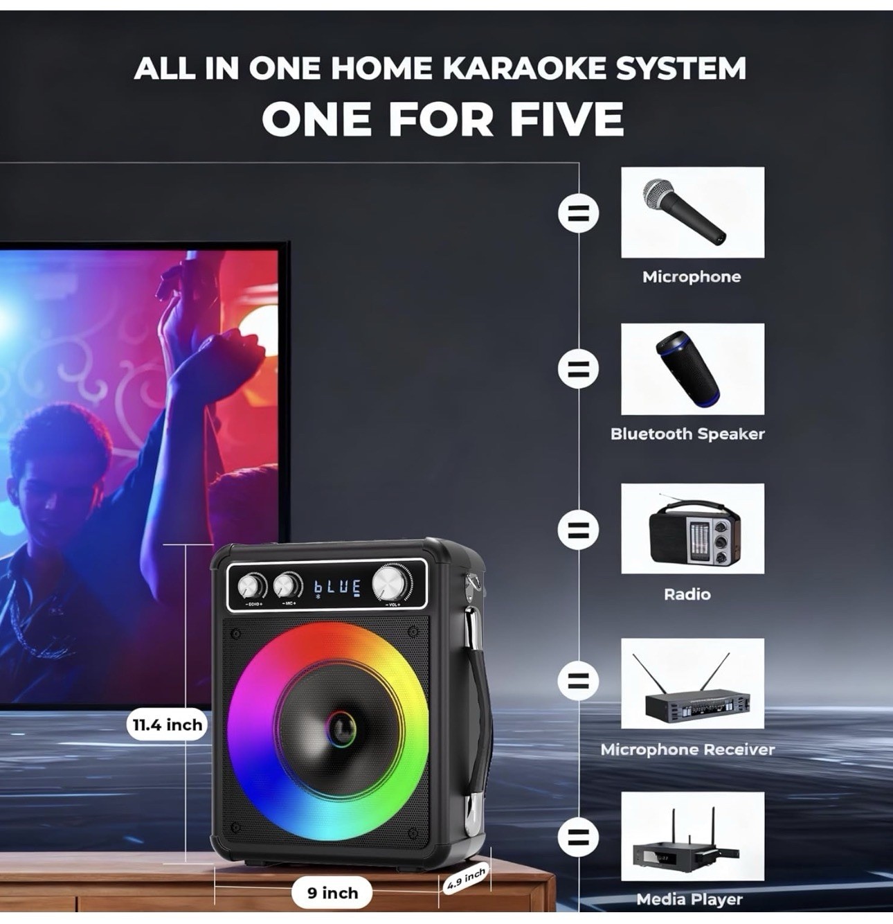 VOSOCO Karaoke Machine, Portable Bluetooth Karaoke Speaker with 2 Wireless Micro