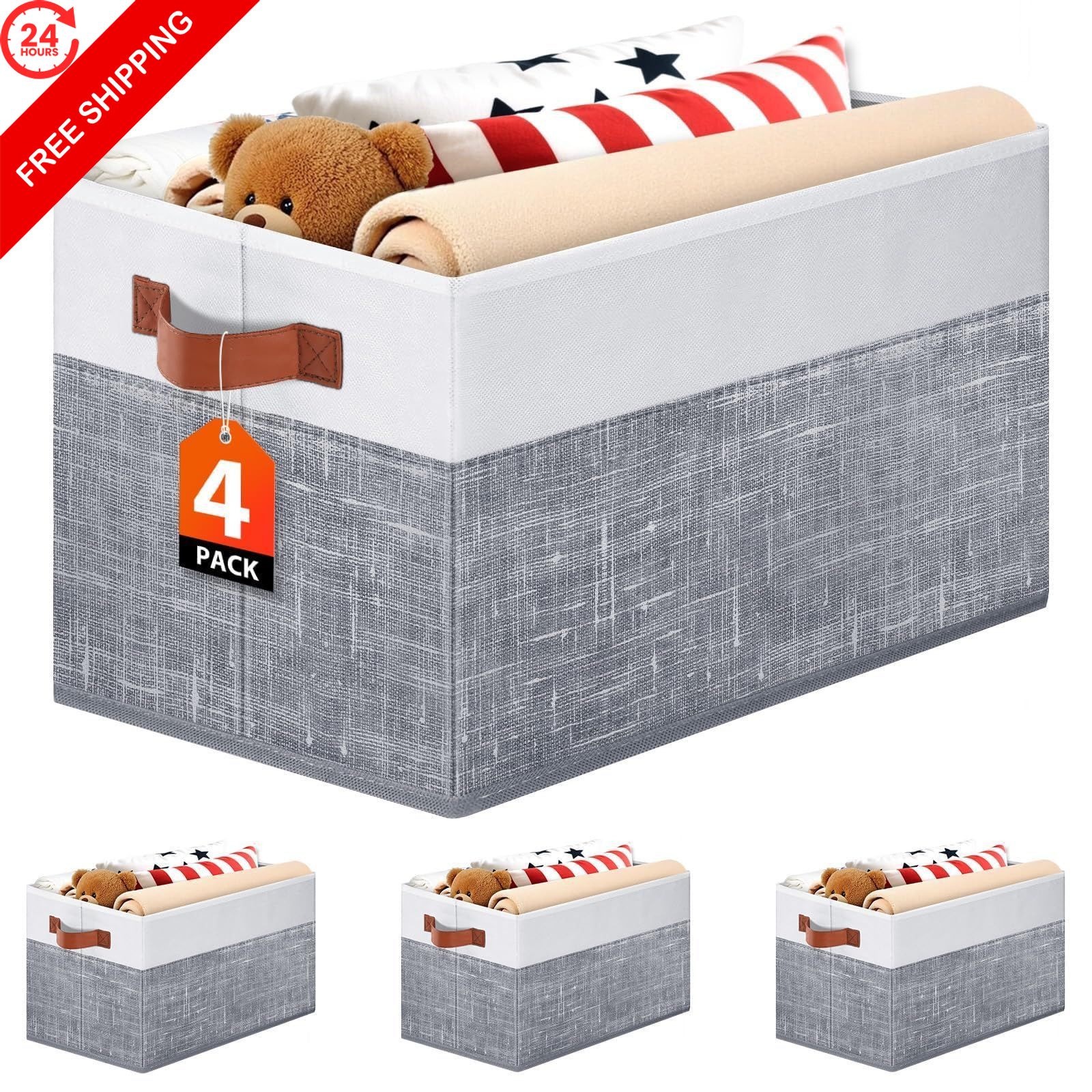 Fab totes Collapsible Storage Baskets for Shelves,14"x10", 4 Pack 4pack, Grey