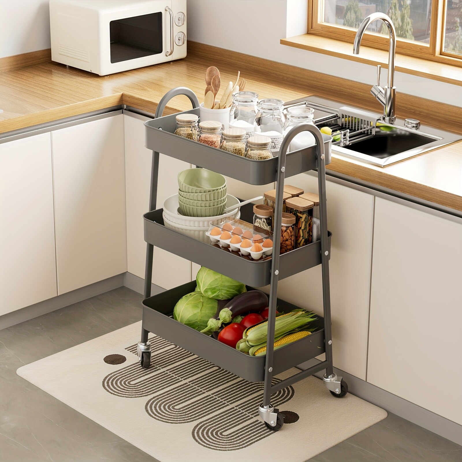 3-Tier Rolling Kitchen Cart, Metal Frame with Plastic Wheels, Space-Saving