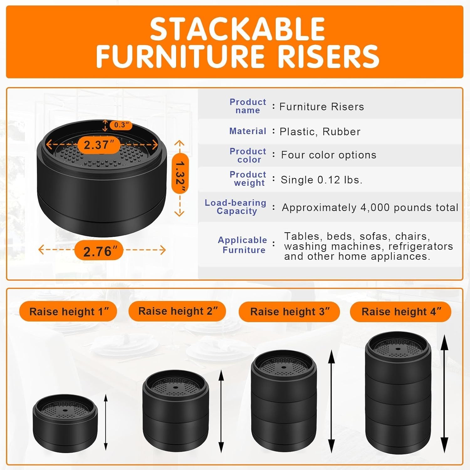 Furniture Risers Bed Risers Heavy Duty Adjustable Round Risers 1 2 3 4 Inch