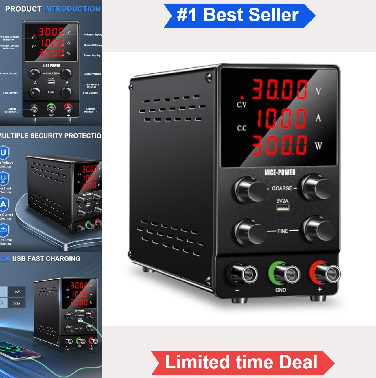 DC Power Supply Variable 30V 10A Adjustable Switching Regulated LED Display USB