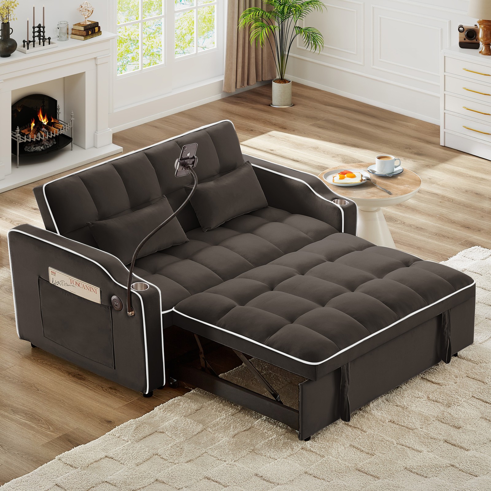 Versatile Foldable Double Seat Recliner,Comfortable Velvet Pull-Out Sleeper Sof
