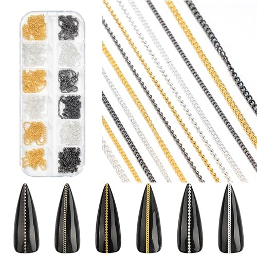12 Gold Black And Silver Metallic 3D Nail Chains KIT3 Gold&silver&Black Chain