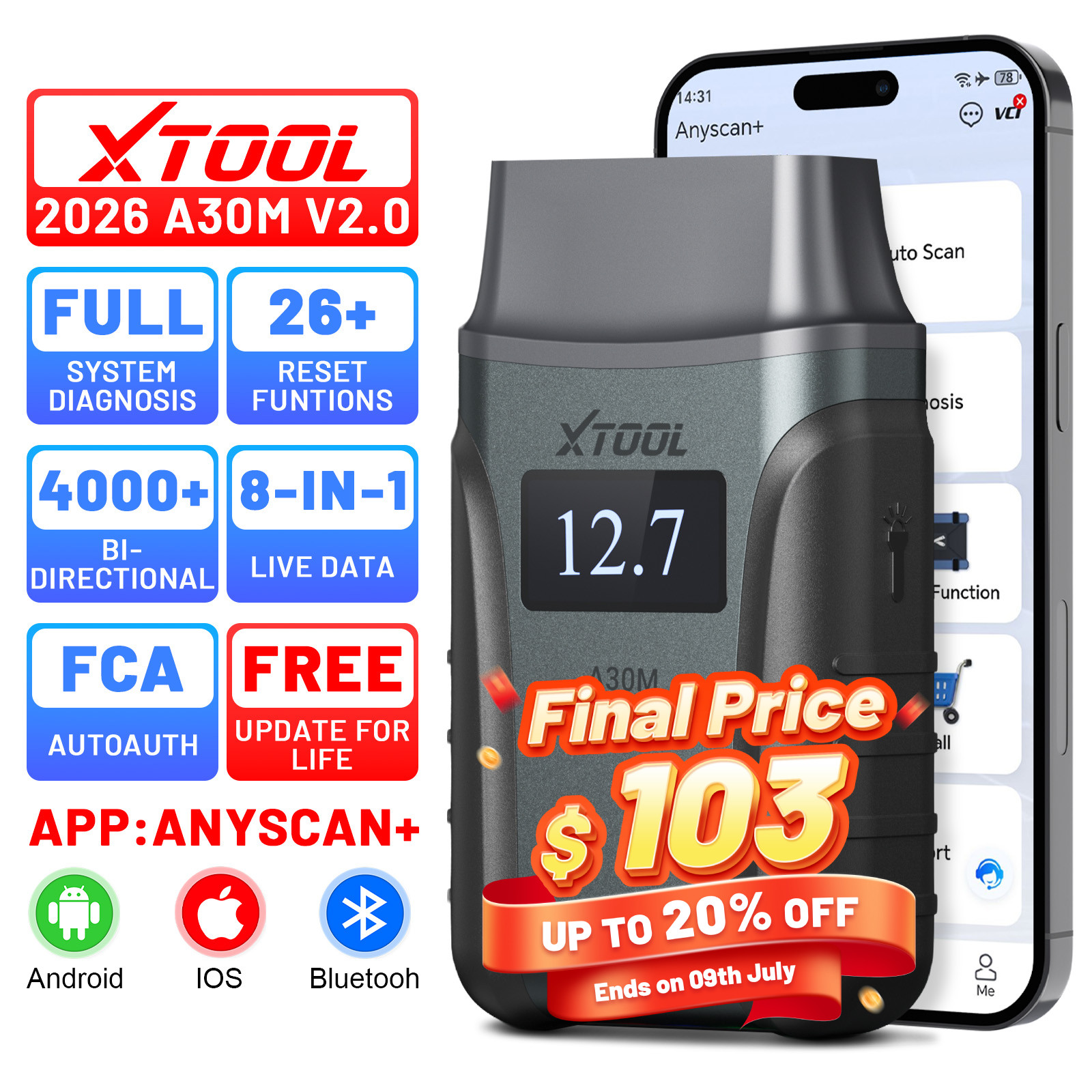 2026 XTOOL A30M V2.0 OBD2 Scanner Full System AI Diagnostic Tool 26 Services FCA