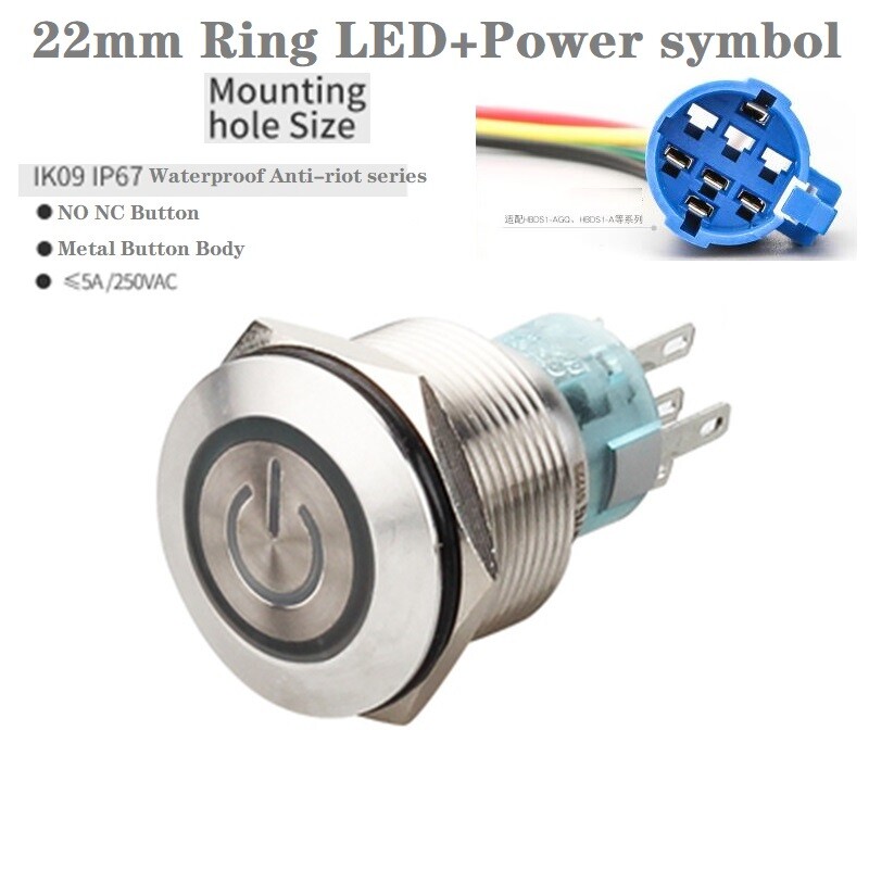 22mm Ring LED+Power symbol5A Illuminated Stainless steel Anti-vandal Push button