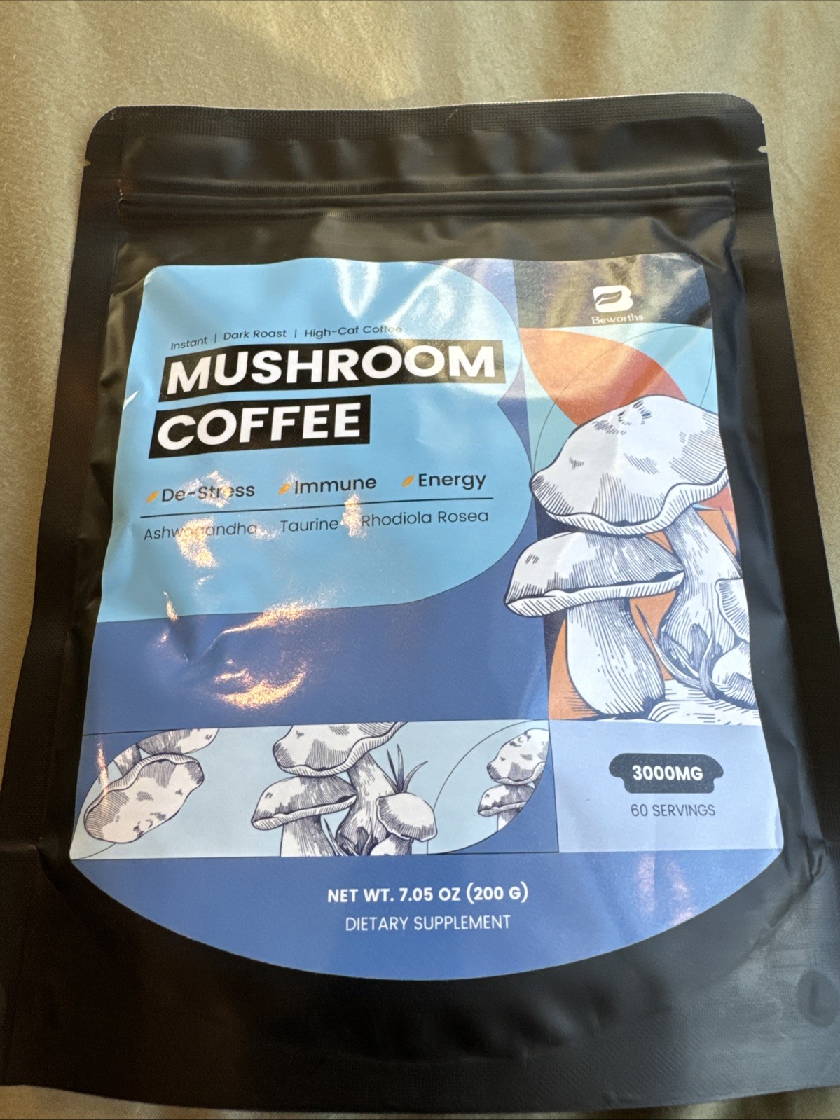 Beworths Mushroom Coffee 7.05 Oz 60 Servings Instant Dark Roast