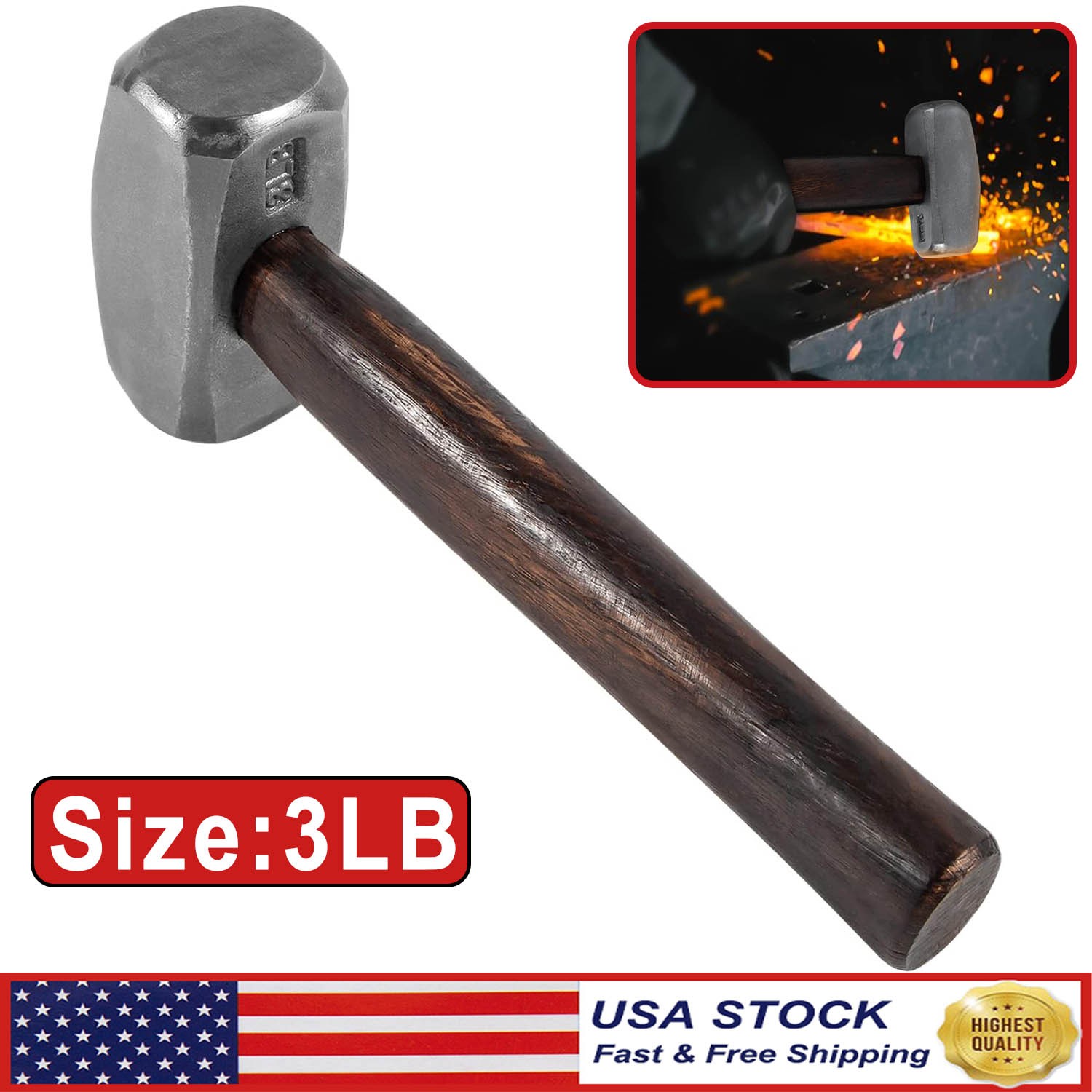 Blacksmith 3LB Handmade Forge Engineer Drilling Hammer Farrier Knife Maker Tool