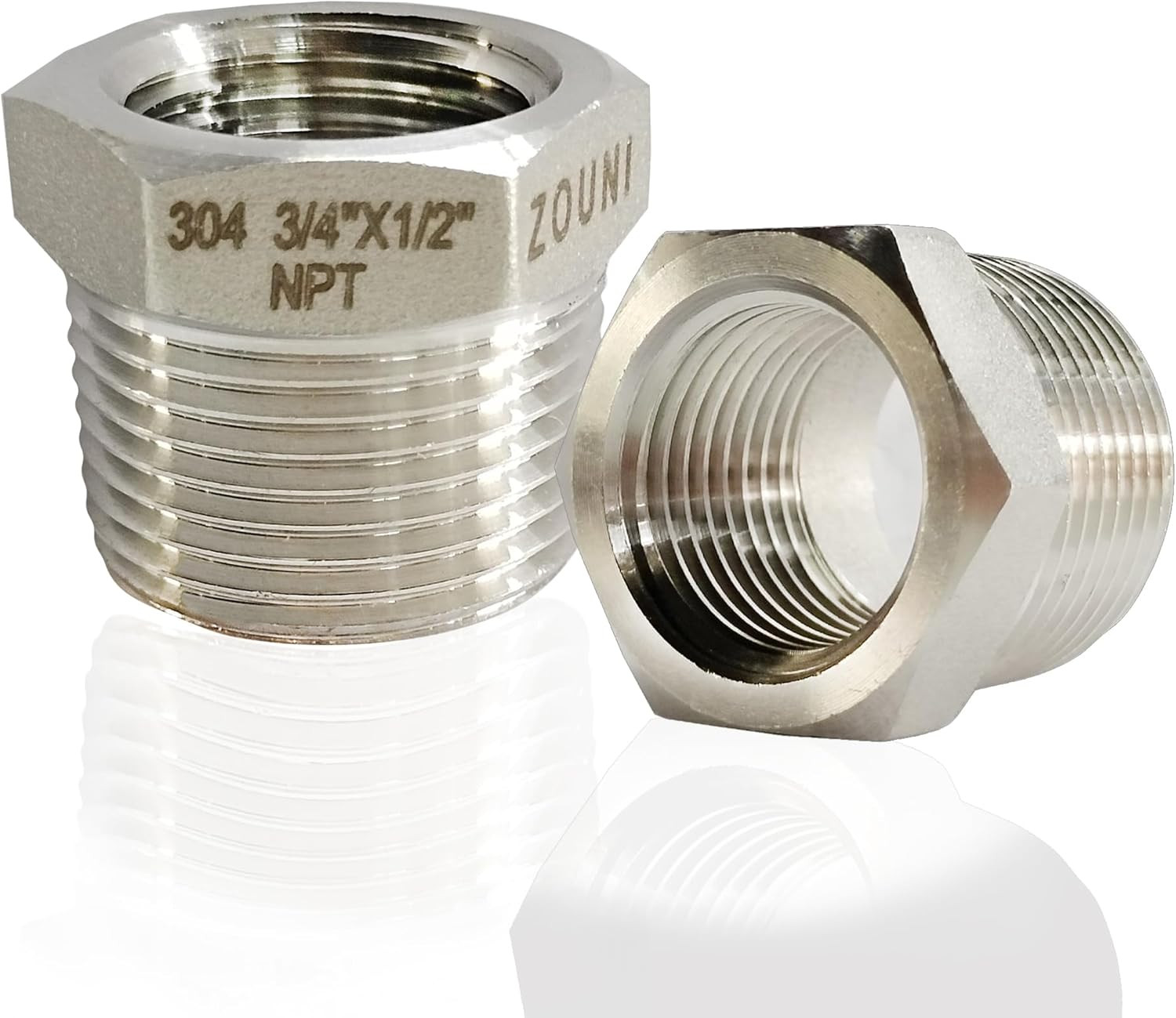 2 Pcs Reducer Hex Bushing 304 Stainless Steel 3/4" Male NPT to 1/2" Female NPT