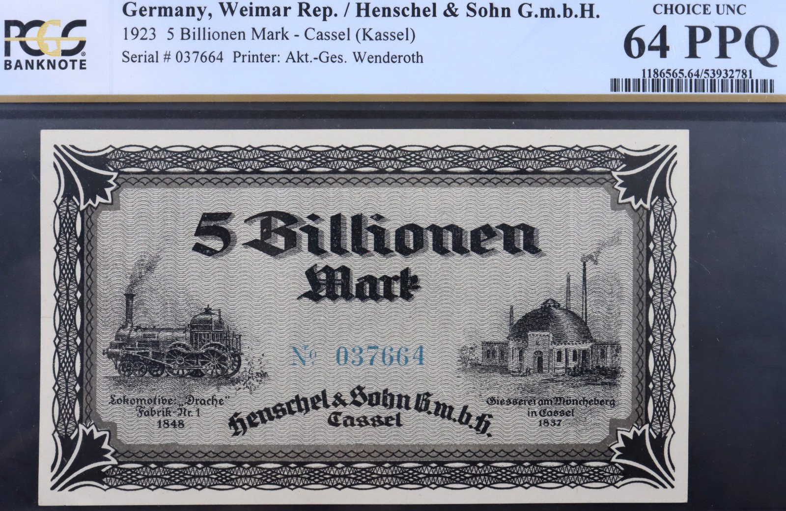 CASSEL / KASSEL 1923 "Henschel & Sohn" 5 TRILLION MARK Train PCGS CHOICE UNC 64