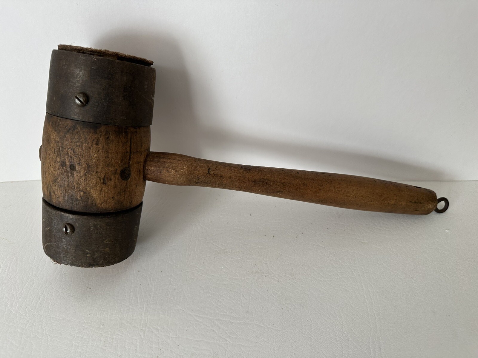 Antique Wooden Mallet, Metal Rings, Leather caps, Primitive Hammer 12” Tool