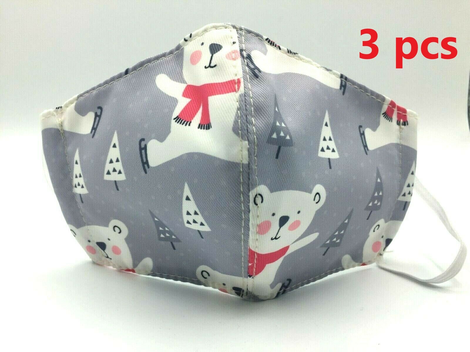 3 pcs Stylish Washable Adult Face Mask w/ Filter Slot. Water Resistance Bear