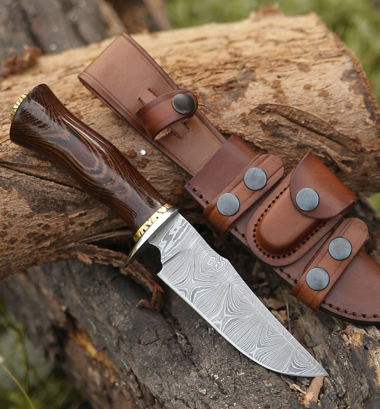Damascus Hunting Knife w Sheath Bowie Camping Utility EDC Survival Custom Knive
