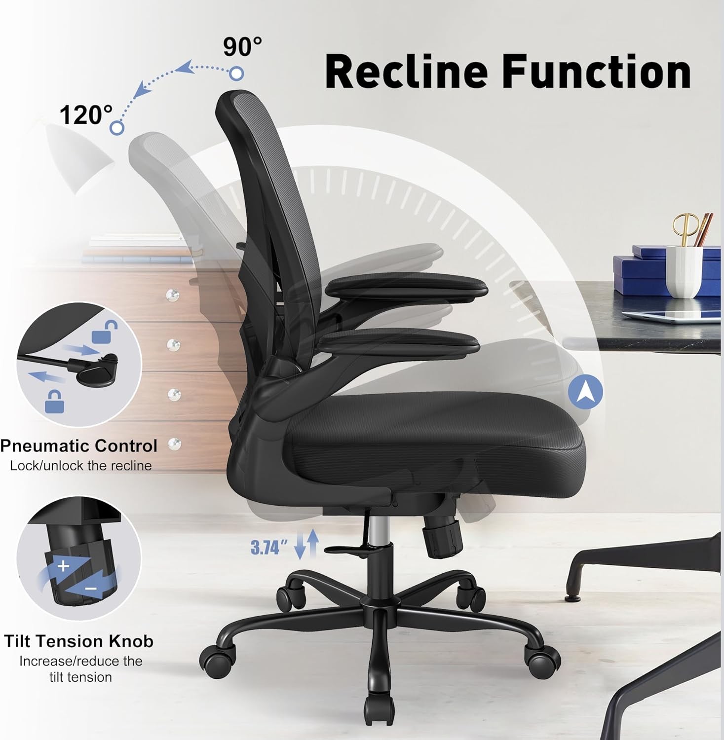Mesh Office Chair W/ Adjustable Lumbar Support & Flip-up Arms Ergonomic Home