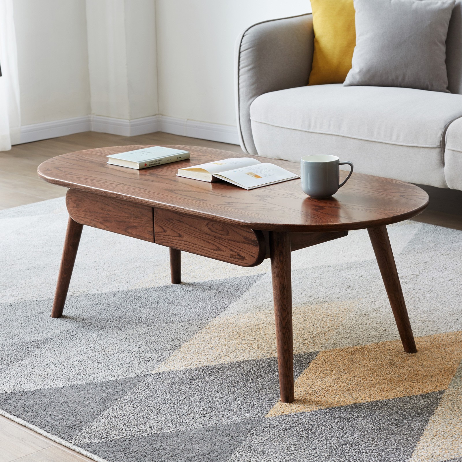 Oak Oval Coffee Table with 2 Drawers 47"W x 22"D x 17"H Solid Wood