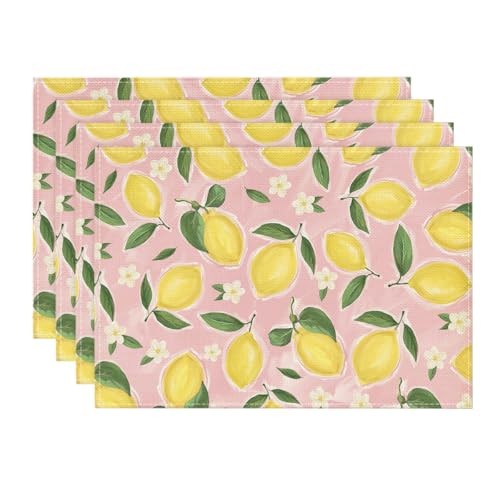 Lemon Flower Floral Summer Placemats Set of 12" x 18", Rectangular 4 Pcs Pink