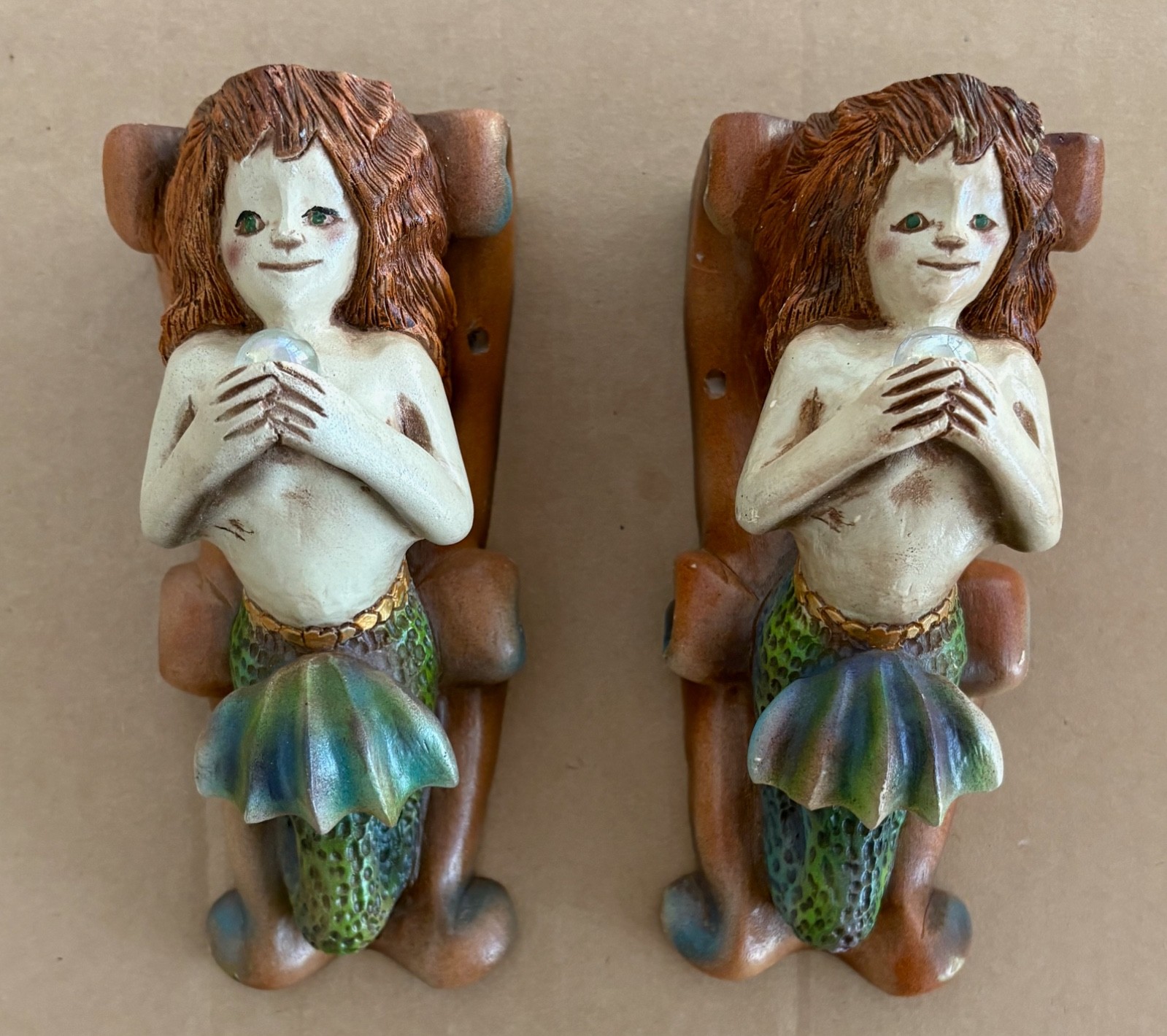 Pair oVintage Steve Tunturi Hand Carved Mermaid Brackets -  Whittler’s Workshop