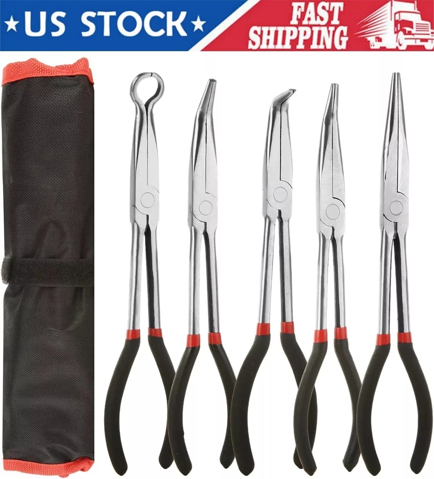 5Pack 11Inch Long Needle Bent Nose Pliers Set Extended Reach Tools Curved Pliers