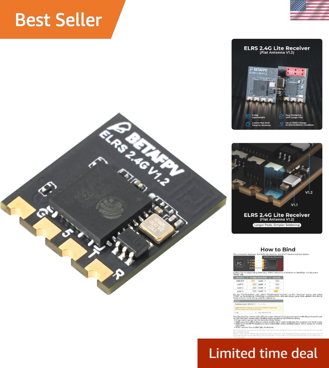 Compact ExpressLRS 2.4G Receiver with Flat Antenna - Optimal for Racing Drones