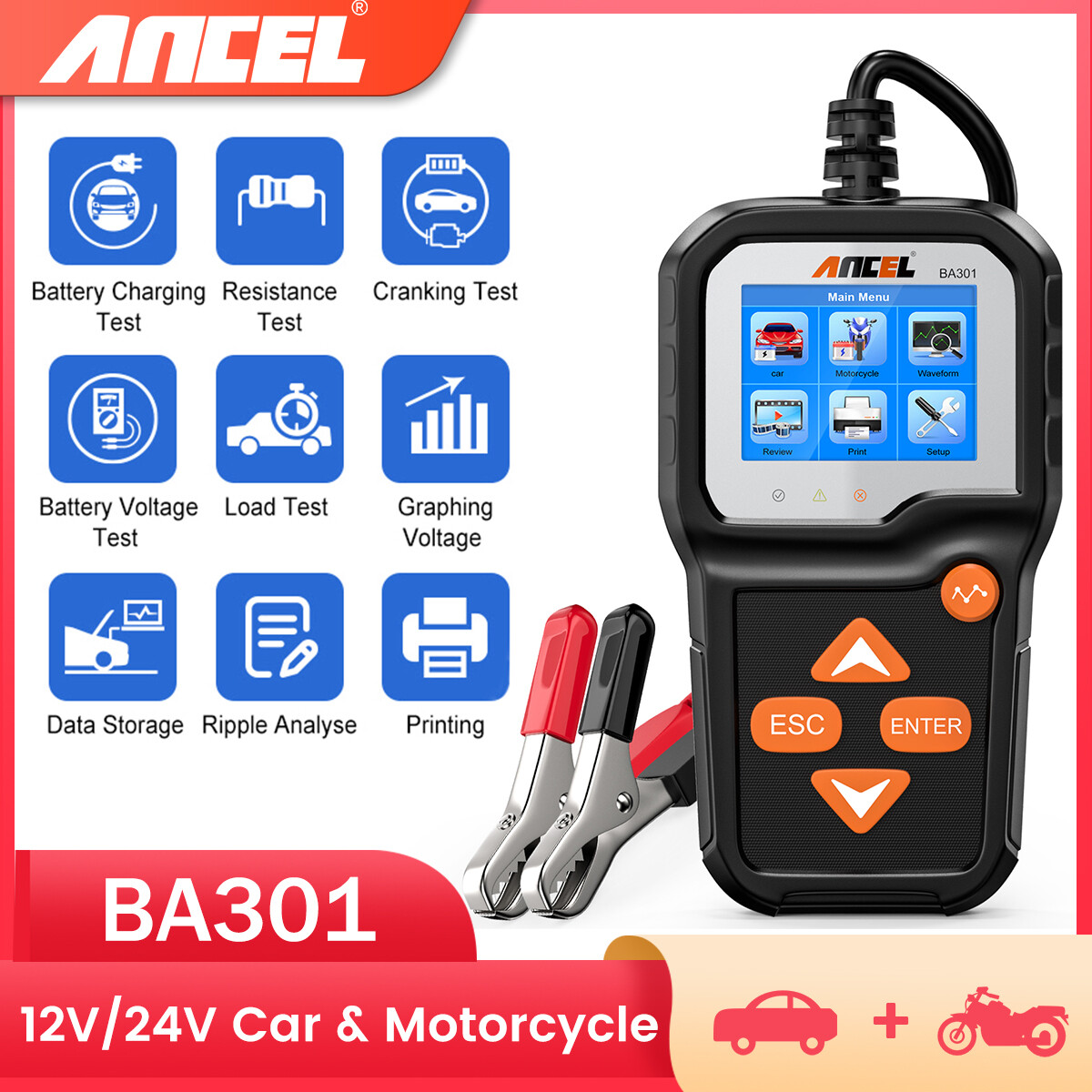 ANCEL BA301 Battery Tester 6/12V Battery Analyzer 100-2000 CCA Cranking Charging