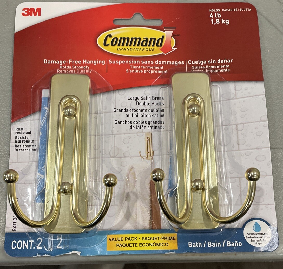 Command Bath Large Satin Brass Double Hooks, 2pk New