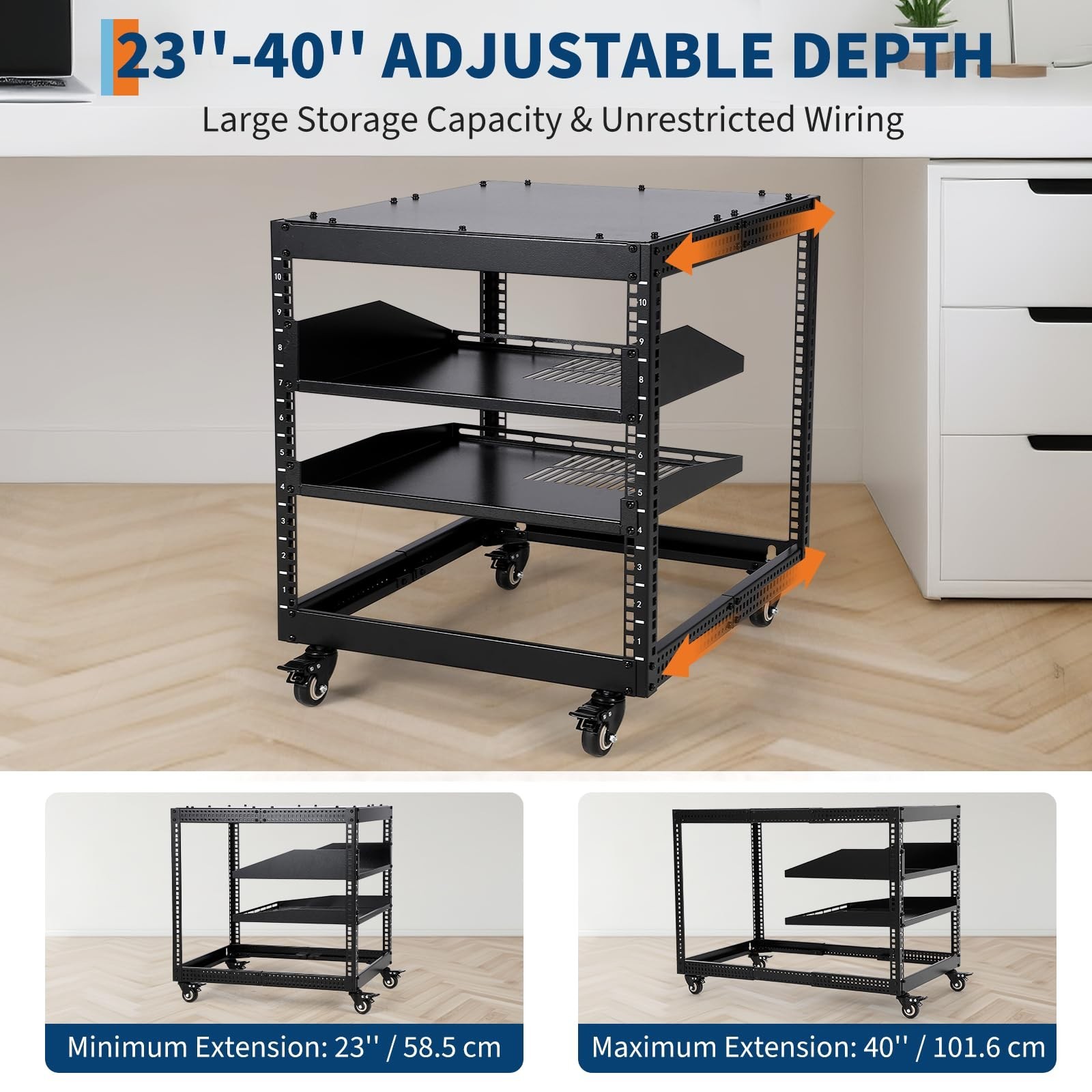 10U Open Frame Server Rack Network Rack 23''-40'' Adjustable Depth
