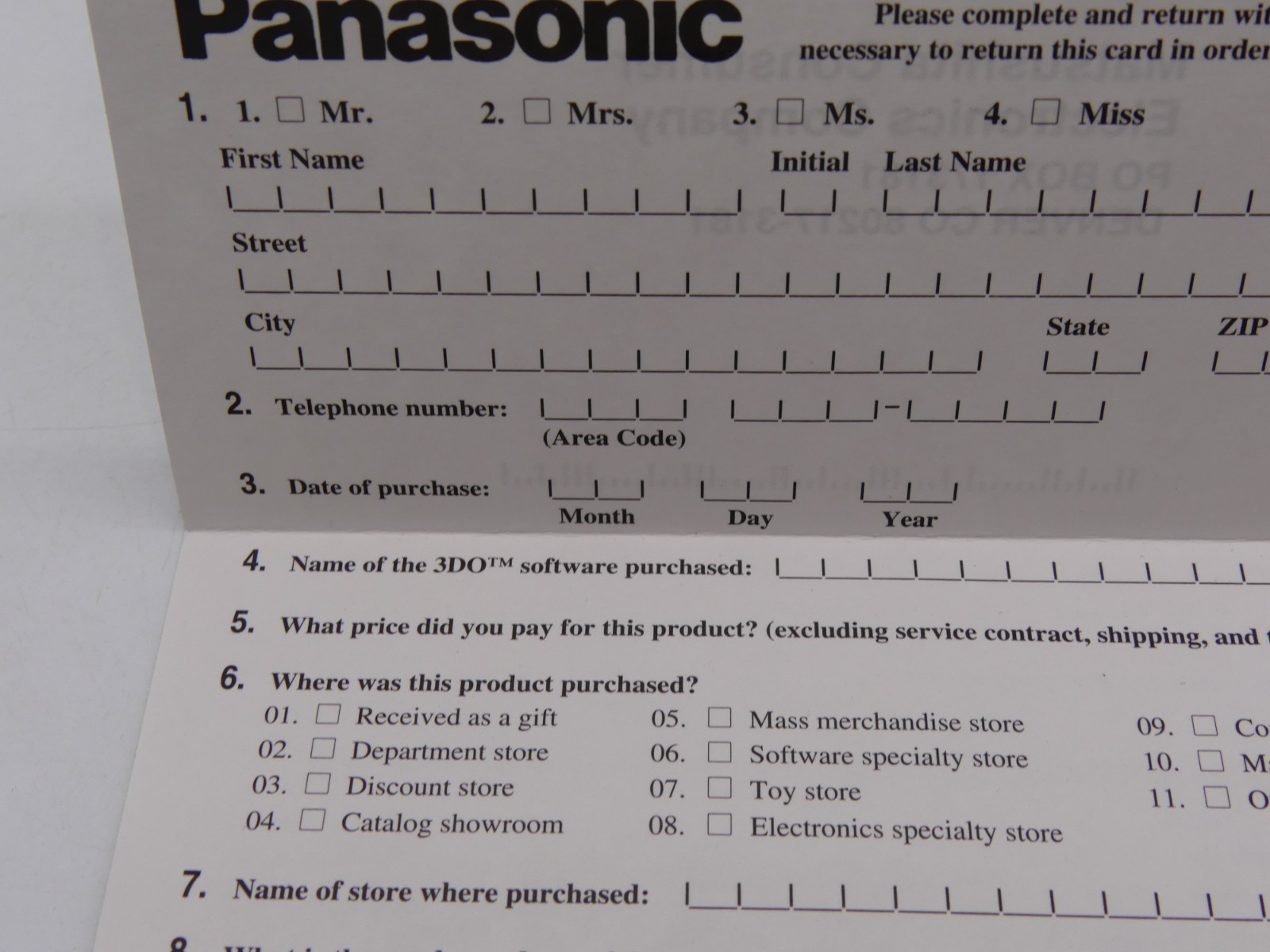 1995 Panasonic 3DO Software Registration Card Only Game Insert Matsushita