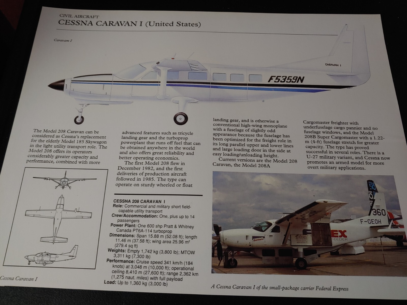 Cessna Plane Picture Aircraft Out of Print Article Spec Sheet Wall Art