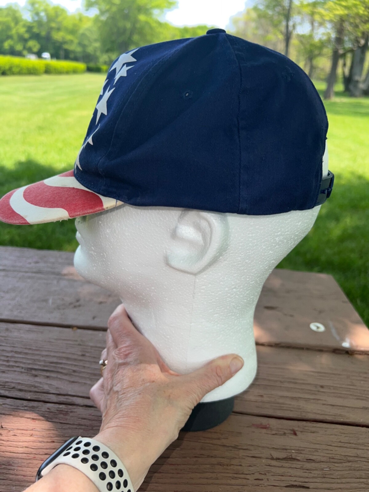 4th of July RWB USA Hat Cap Snapback Wavy Flag Stripes on Bill EUC