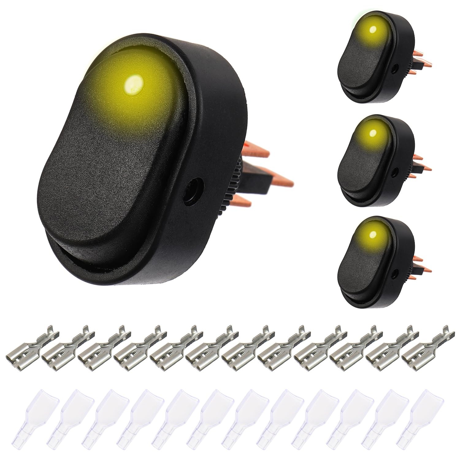 Waterproof LED Rocker Switch 4 Pack 12V 30A SPST 3-Pin Yellow Light