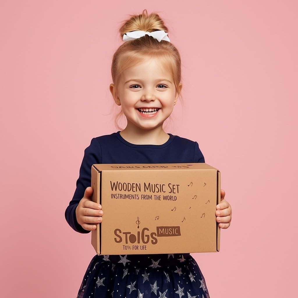 Wooden Toddler Musical Instruments with Drum, Hand Bells, Flute, Maracas, Cas...