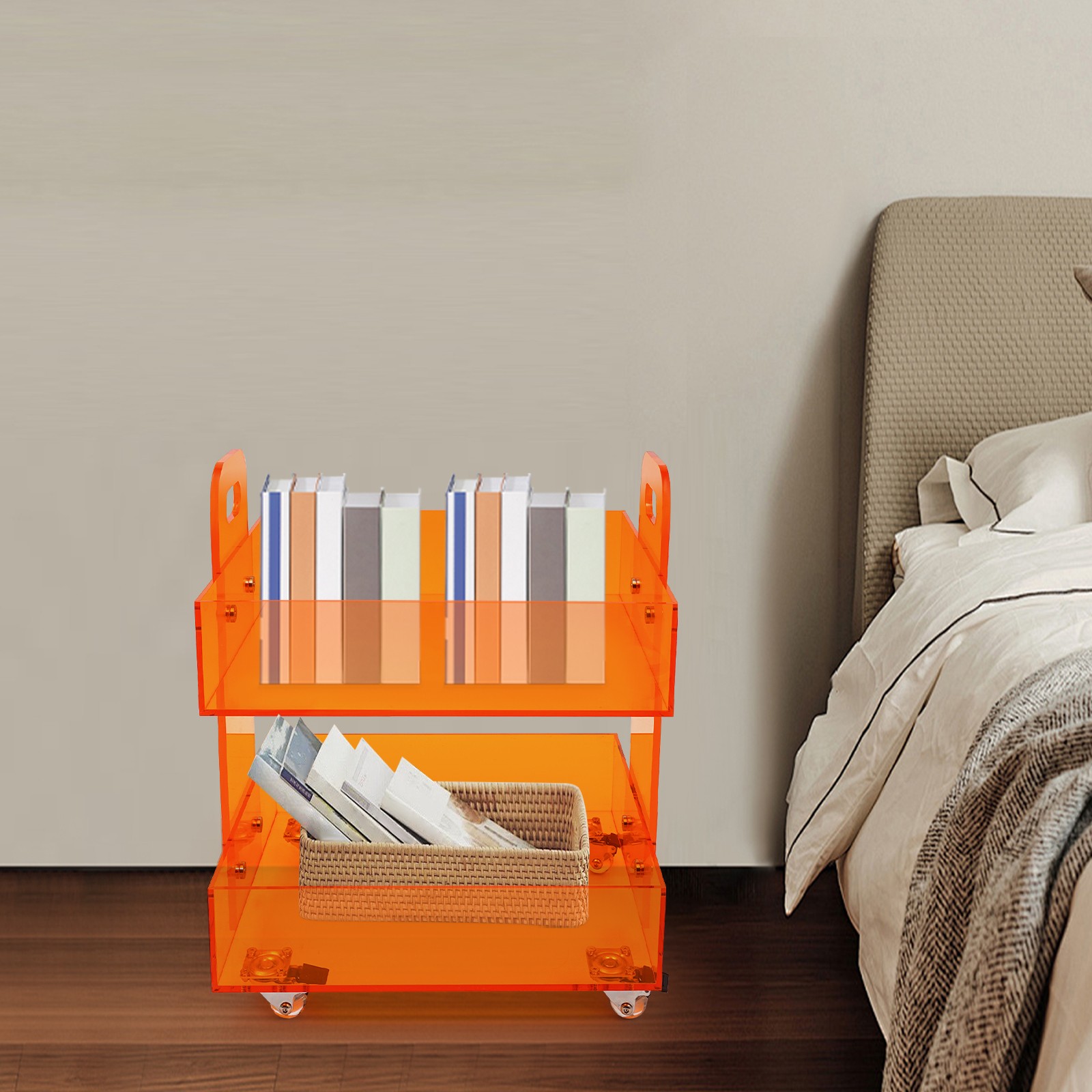 Acrylic Side Table Free Standing Storage Rack with Wheels Modern Bedside Table