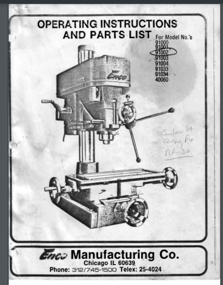 Enco 91000 thru 91033 drilling and Milling Machine, Operations and Parts Manual
